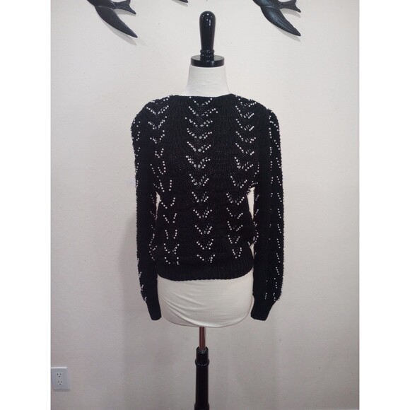 Vintage 1980s Nannell Hand Knit Black Sweater With Pearl Beading - L - Picture 1 of 8